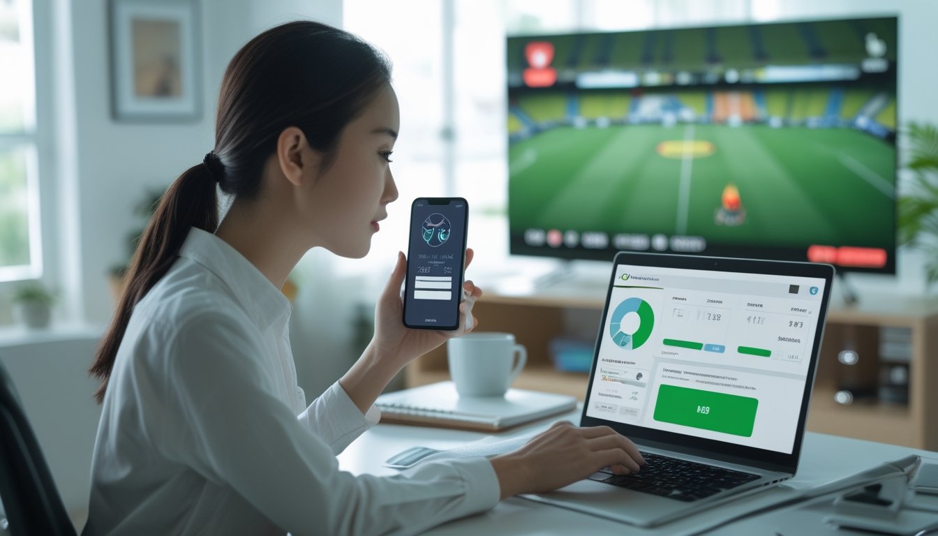 Pengguna Indonesia meninjau statistik sepak bola dan anggaran pada laptop di ruang kerja.