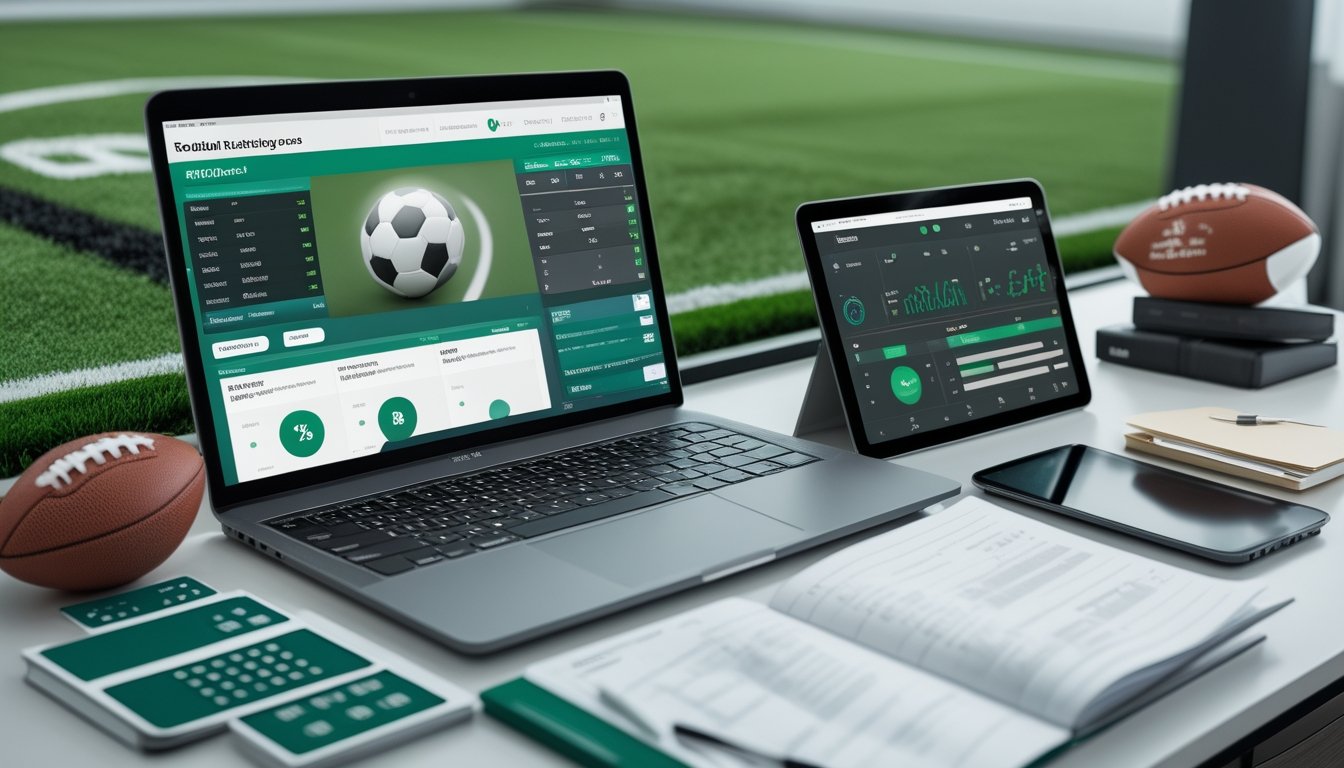 Meja kerja analis dengan laptop, tablet, bola sepak, dan grafik pertandingan yang ditampilkan secara samar.