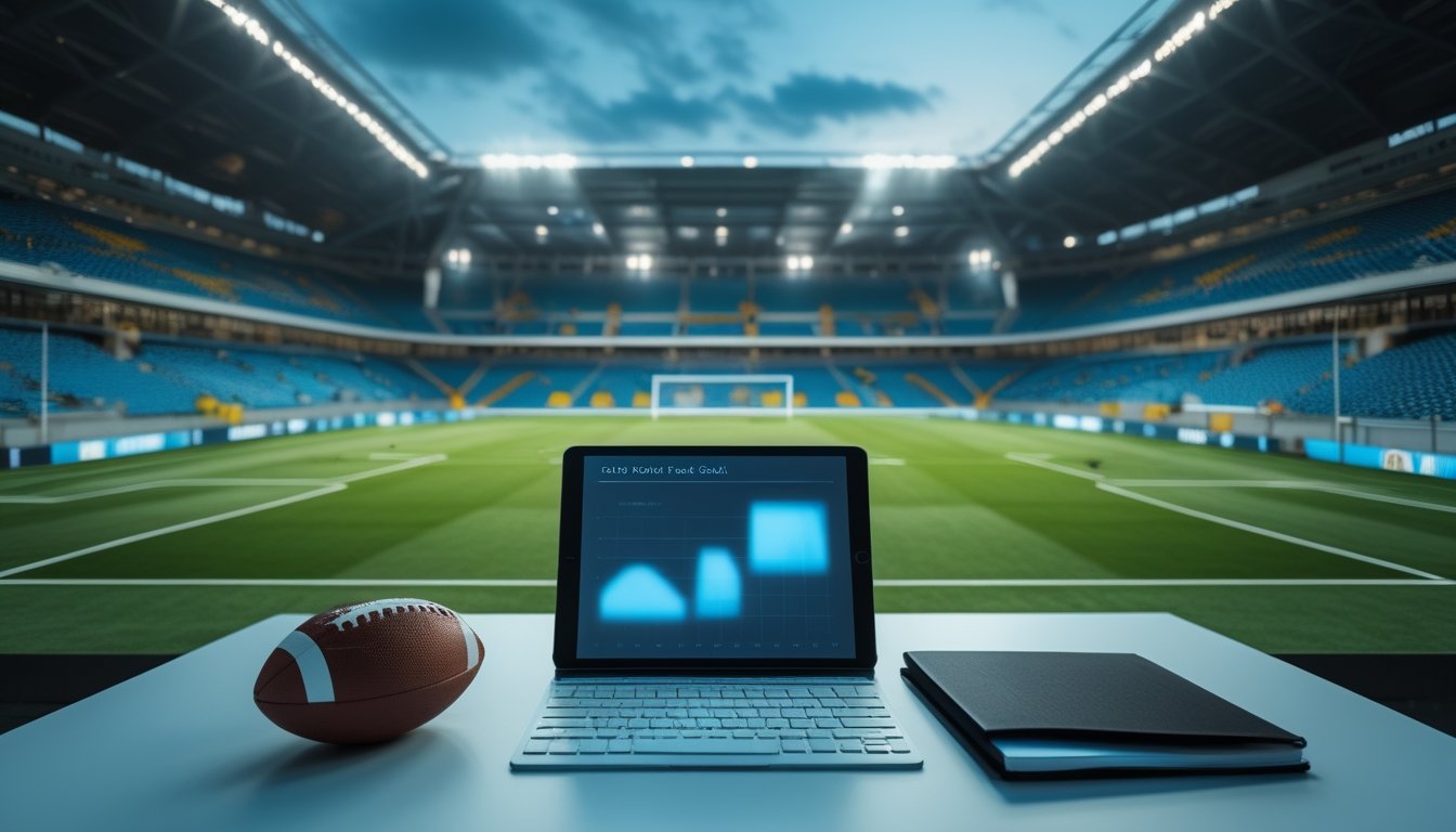 Pertandingan sepak bola di stadion dengan bola dan tablet berisi grafik abstrak di meja depan.