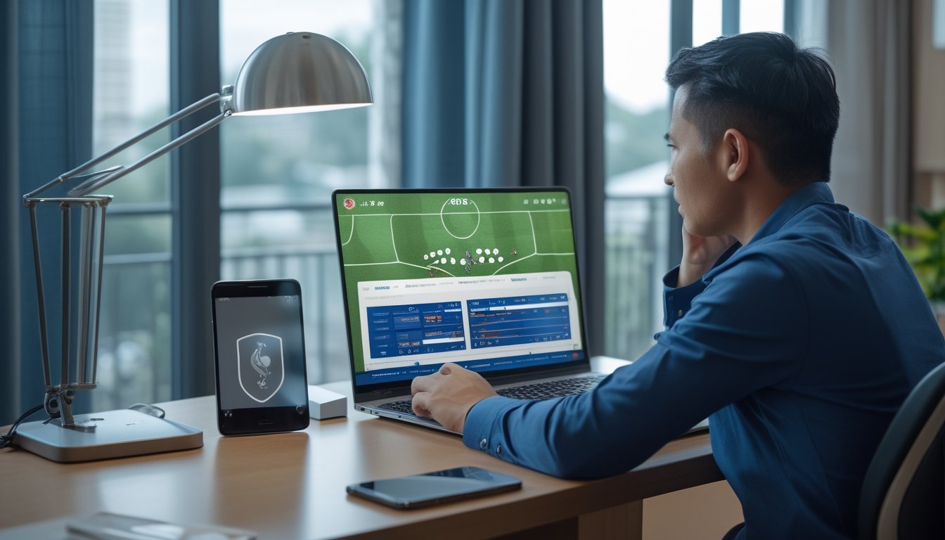 Seorang pria Indonesia mengamati laptop dengan tampilan pertandingan sepak bola dan simbol keamanan di meja.