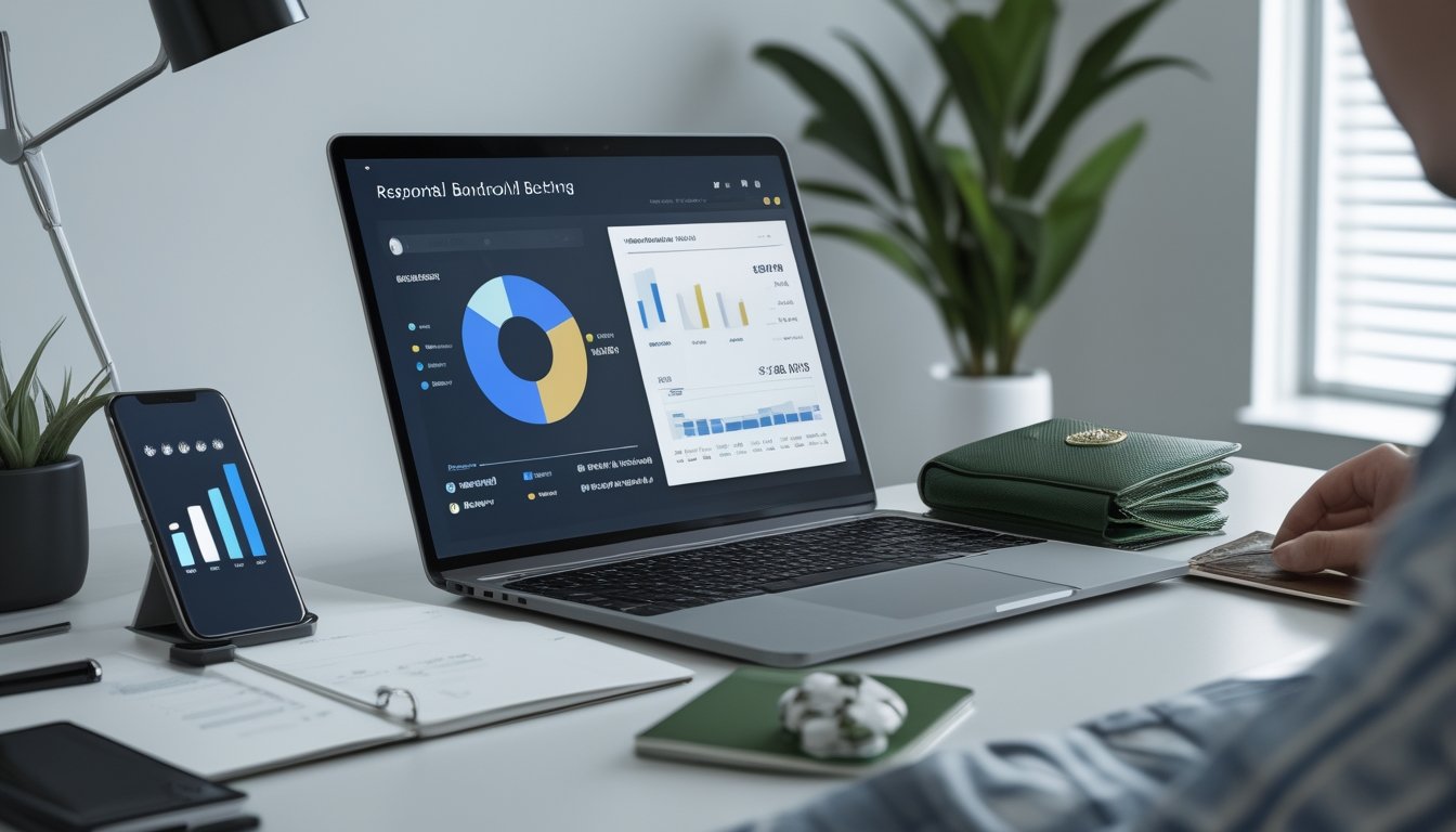 Seseorang mengatur anggaran taruhan sepak bola secara disiplin di meja kerja dengan laptop, kalkulator, dan catatan keuangan.