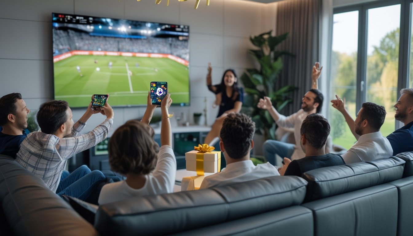 Sekelompok penggemar sepak bola dewasa merayakan pertandingan sambil melihat ponsel dan televisi.
