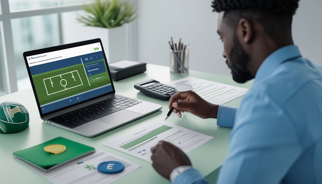 Seseorang memeriksa dokumen legalitas dan kalkulator di samping laptop dengan tampilan pertandingan sepak bola abstrak.