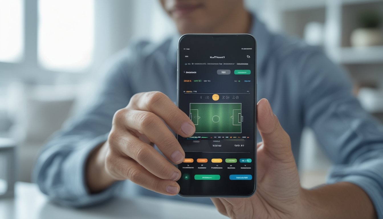 Pengguna dewasa memakai aplikasi sepak bola pada ponsel di ruang modern.