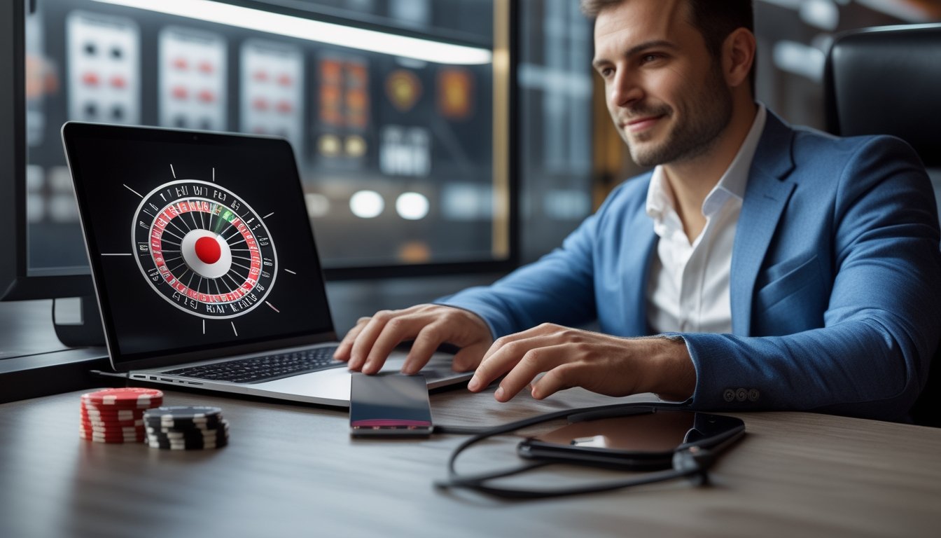 Orang dewasa menggunakan laptop untuk membuat akun pada platform roulette digital dengan roda roulette dan keping taruhan di latar belakang.