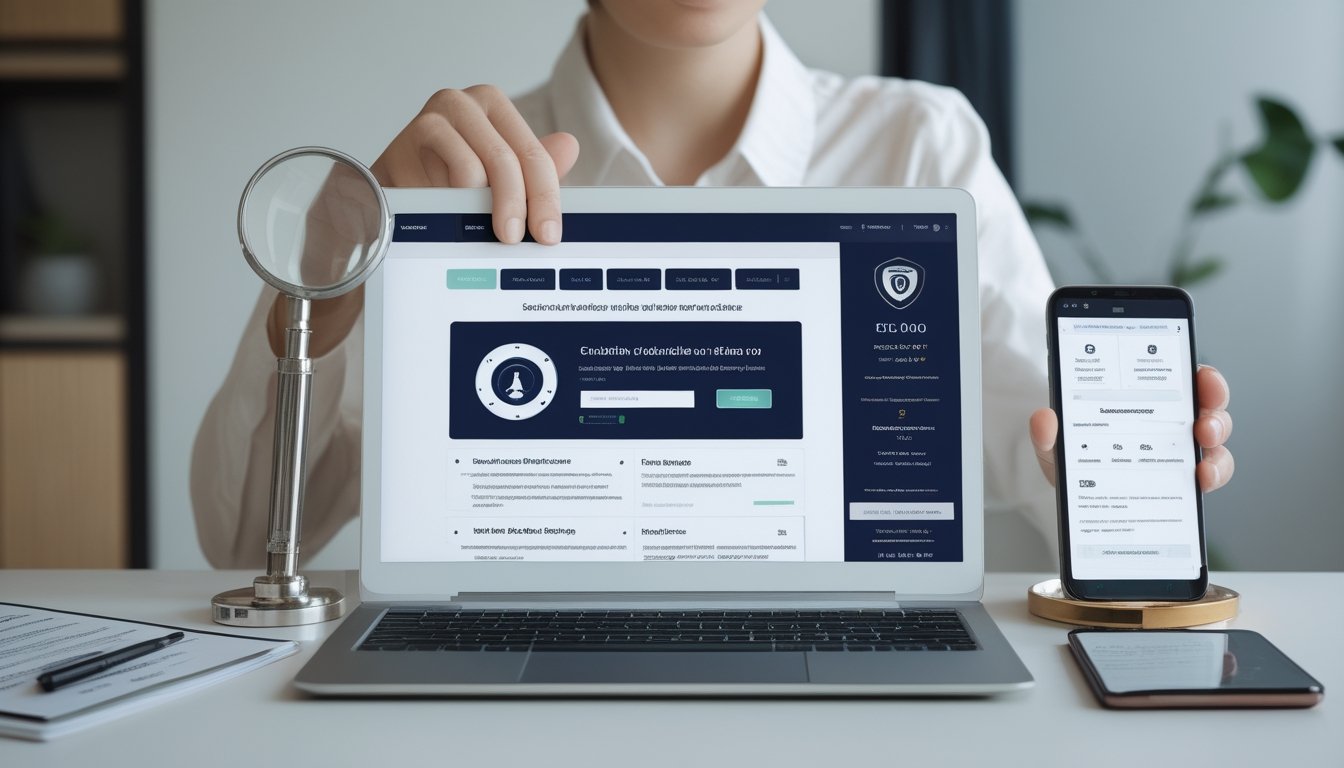 Seseorang memeriksa keamanan dan kredibilitas platform taruhan online menggunakan laptop, dokumen, dan simbol perlindungan.