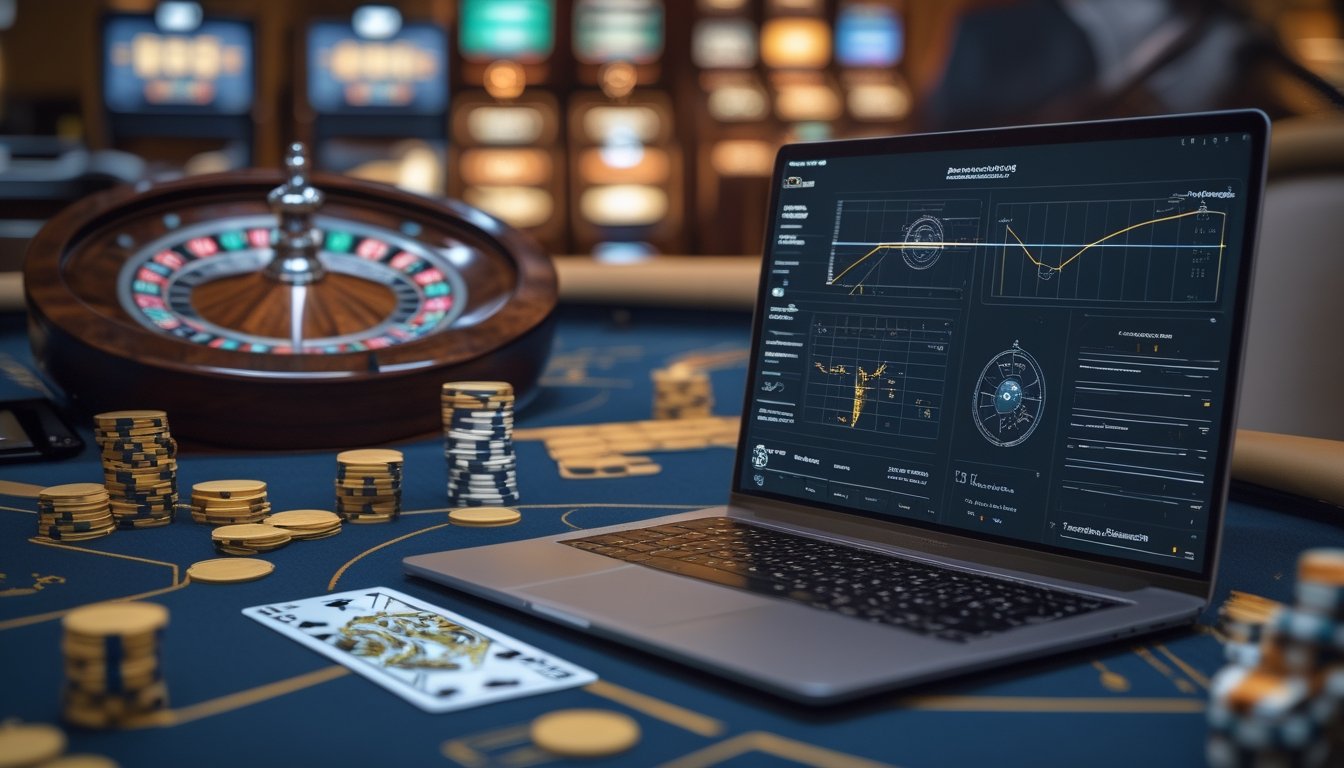 Seseorang menganalisis roda roulette, chip, dan grafik probabilitas di ruang kerja kasino modern.