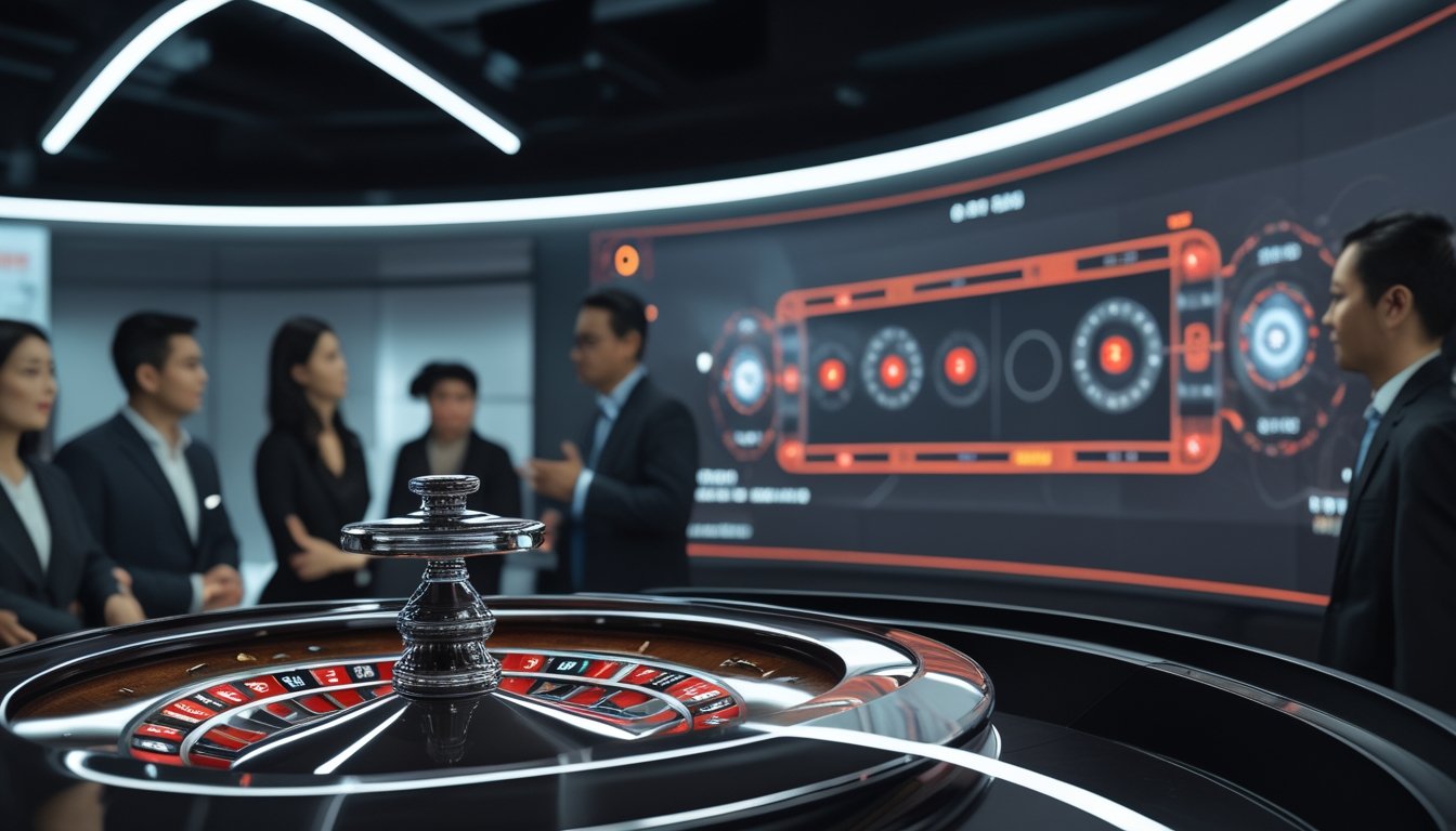 Roda roulette modern dengan chip dan pengguna Asia melihat layar digital di lingkungan elegan.