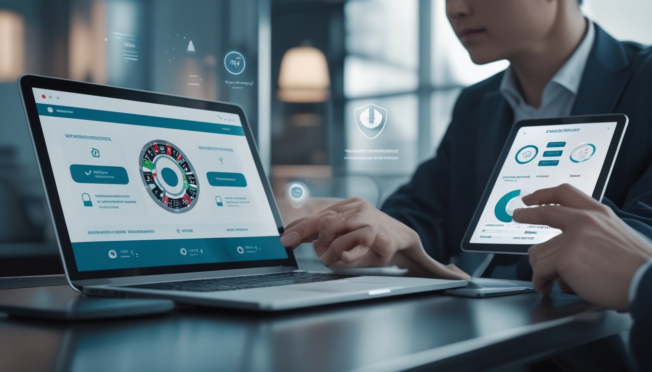 Profesional Asia membandingkan keamanan dan keandalan provider roulette online menggunakan laptop dan tablet.