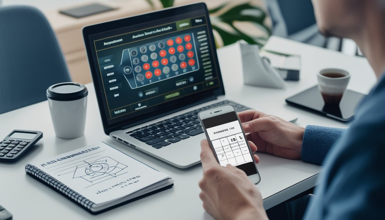 Seseorang menganalisis permainan roulette online di laptop sambil mencatat strategi dan mengatur anggaran.