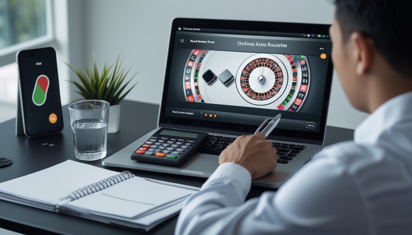 Seseorang meninjau batas anggaran di meja dengan laptop yang menampilkan antarmuka roulette abstrak.