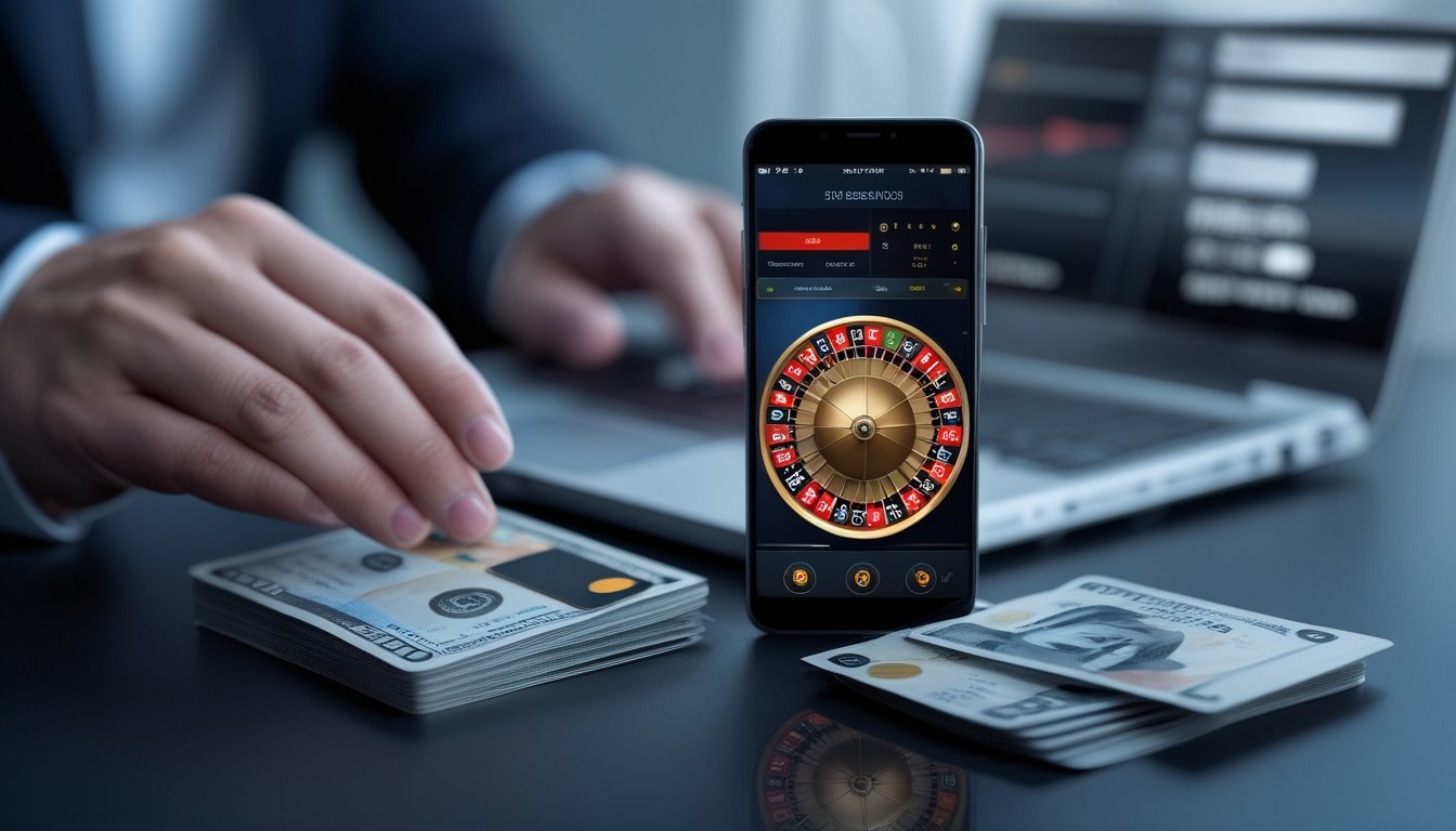 Ponsel menampilkan roda roulette di samping uang rupiah dan kartu pembayaran.