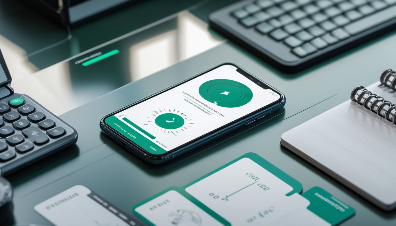 Smartphone dan tablet menampilkan grafik keuangan abstrak di samping kalkulator dan buku catatan kosong.