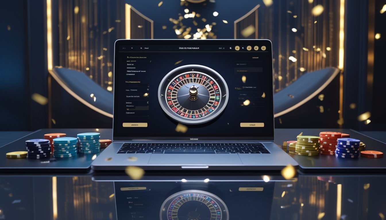 Laptop menampilkan permainan roulette dengan roda roulette dan keping taruhan di meja bergaya elegan.