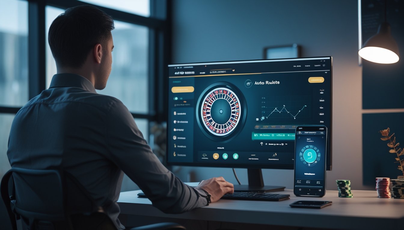 Seorang pemain mengamati permainan roulette digital di meja kerja modern dengan grafik abstrak pada perangkat.