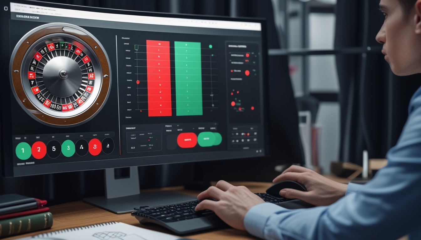 Monitor menampilkan roda roulette dan visualisasi analisis probabilitas warna serta kolom.