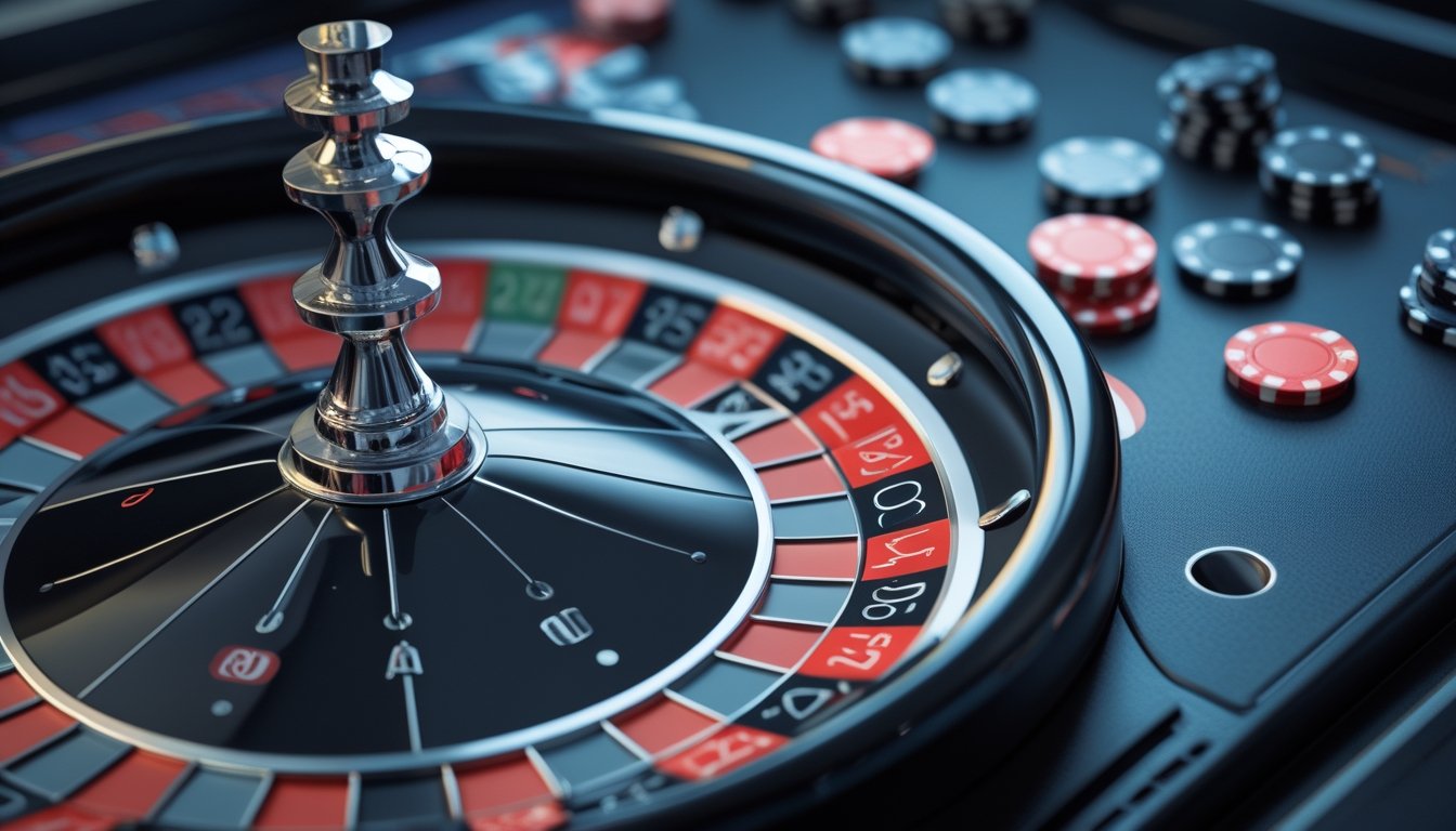 Meja roulette otomatis dengan roda roulette, keping taruhan, dan tata letak warna serta kolom.