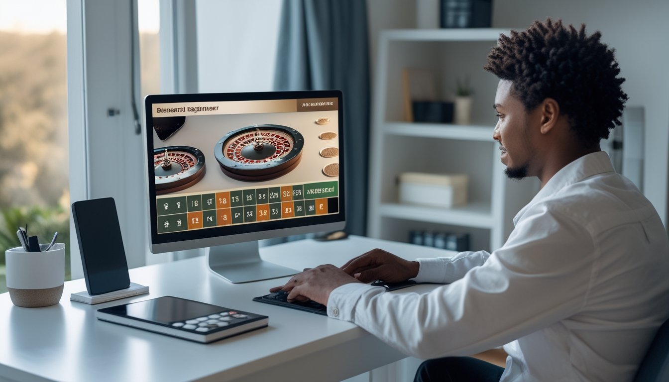 Pemula dewasa bermain roulette online dengan tenang di meja rapi sambil menggunakan kalkulator dan mencatat anggaran.