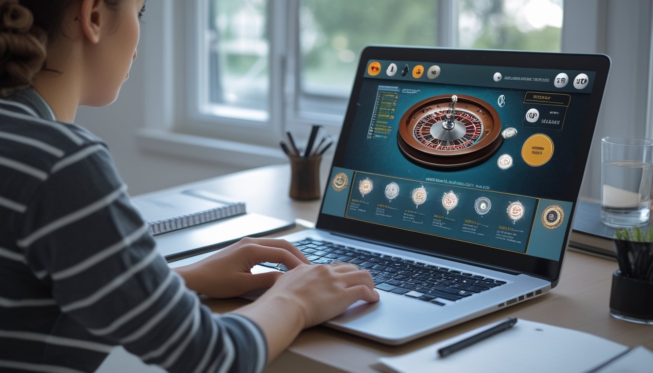 Pemula meninjau risiko dan anggaran bermain roulette online di meja kerja dengan laptop, kalkulator, dan buku catatan.