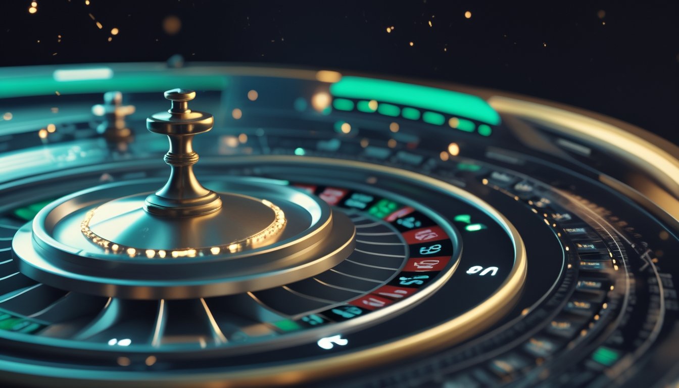 Roda roulette digital futuristik dengan bola logam dan elemen teknologi bercahaya.
