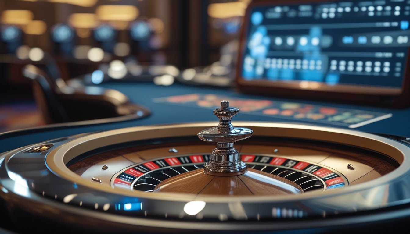 Roda roulette modern dengan bola perak di depan terminal permainan digital di suasana kasino.