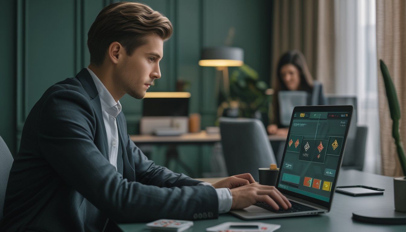 Orang dewasa berpakaian rapi memainkan poker daring di laptop dari meja rumah.