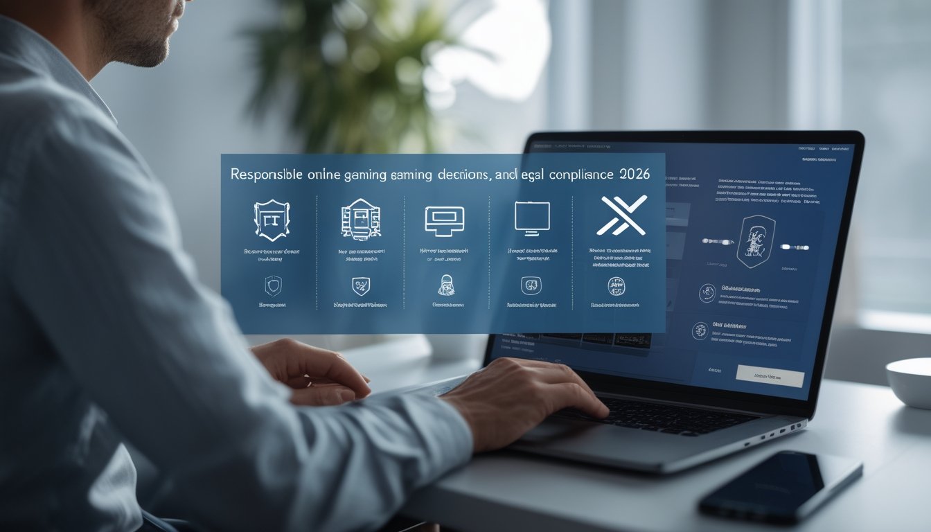 Orang dewasa memeriksa platform permainan online dengan simbol verifikasi usia dan keamanan di ruang kerja modern.