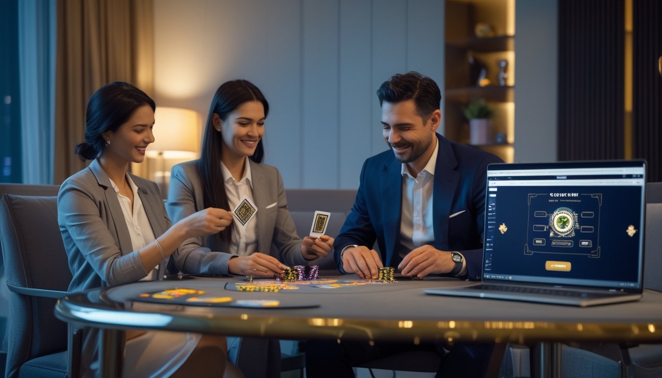 Dua orang dewasa bermain kartu secara santai di ruang modern dengan laptop dan ponsel di atas meja.
