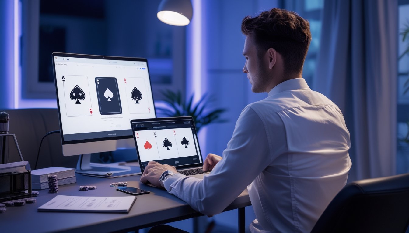 Seseorang yang berpakaian rapi sedang memainkan poker daring di meja dengan kartu, keping poker, laptop, dan ponsel.