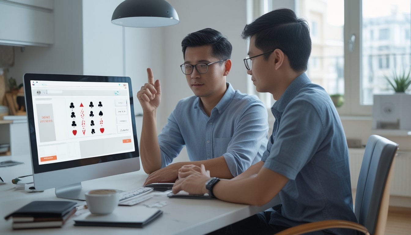 Pasangan dewasa membahas aturan dan batas bermain kartu daring di depan laptop dengan catatan dan kalkulator.