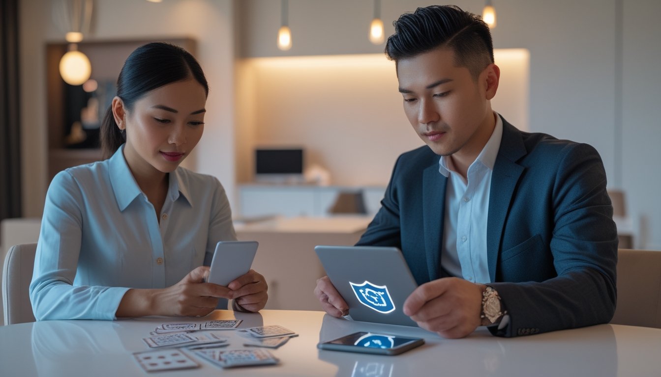 Dua orang dewasa Indonesia melihat kartu dan tablet di meja dalam suasana modern yang aman.