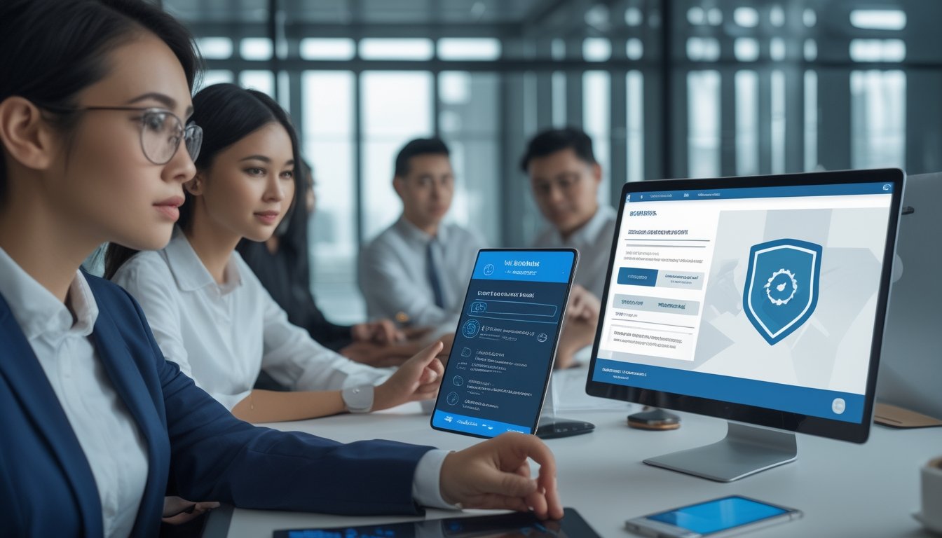 Tim kepatuhan memeriksa keamanan dan verifikasi platform digital di kantor modern.