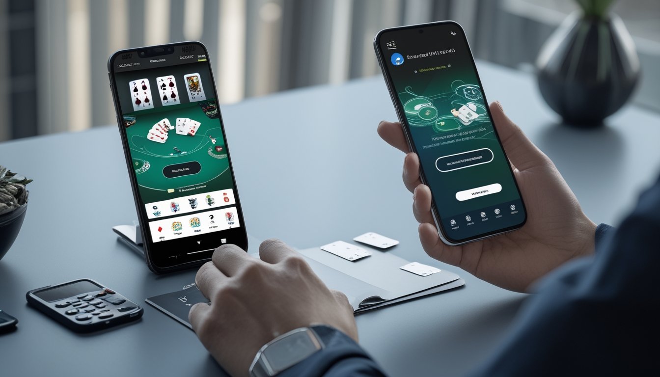 Seseorang menggunakan ponsel dengan antarmuka permainan kartu dan pembayaran digital di atas meja.