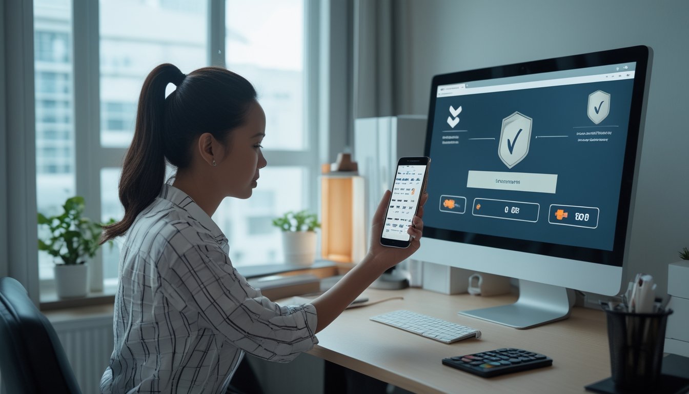 Seorang pengguna Indonesia memeriksa keamanan layanan digital di ruang kerja dengan ponsel dan dasbor perlindungan data.
