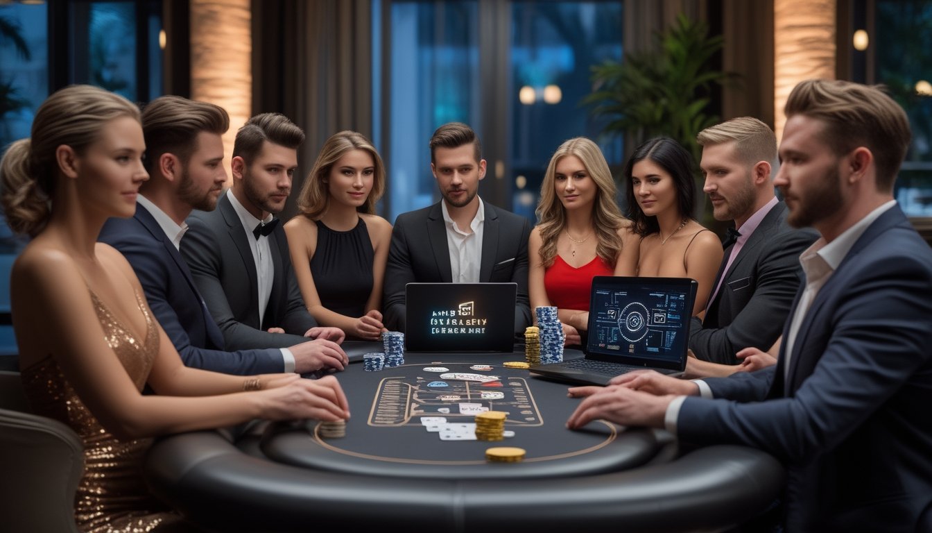 Sekelompok orang dewasa bermain poker secara santai di lounge elegan dengan laptop dan ponsel.