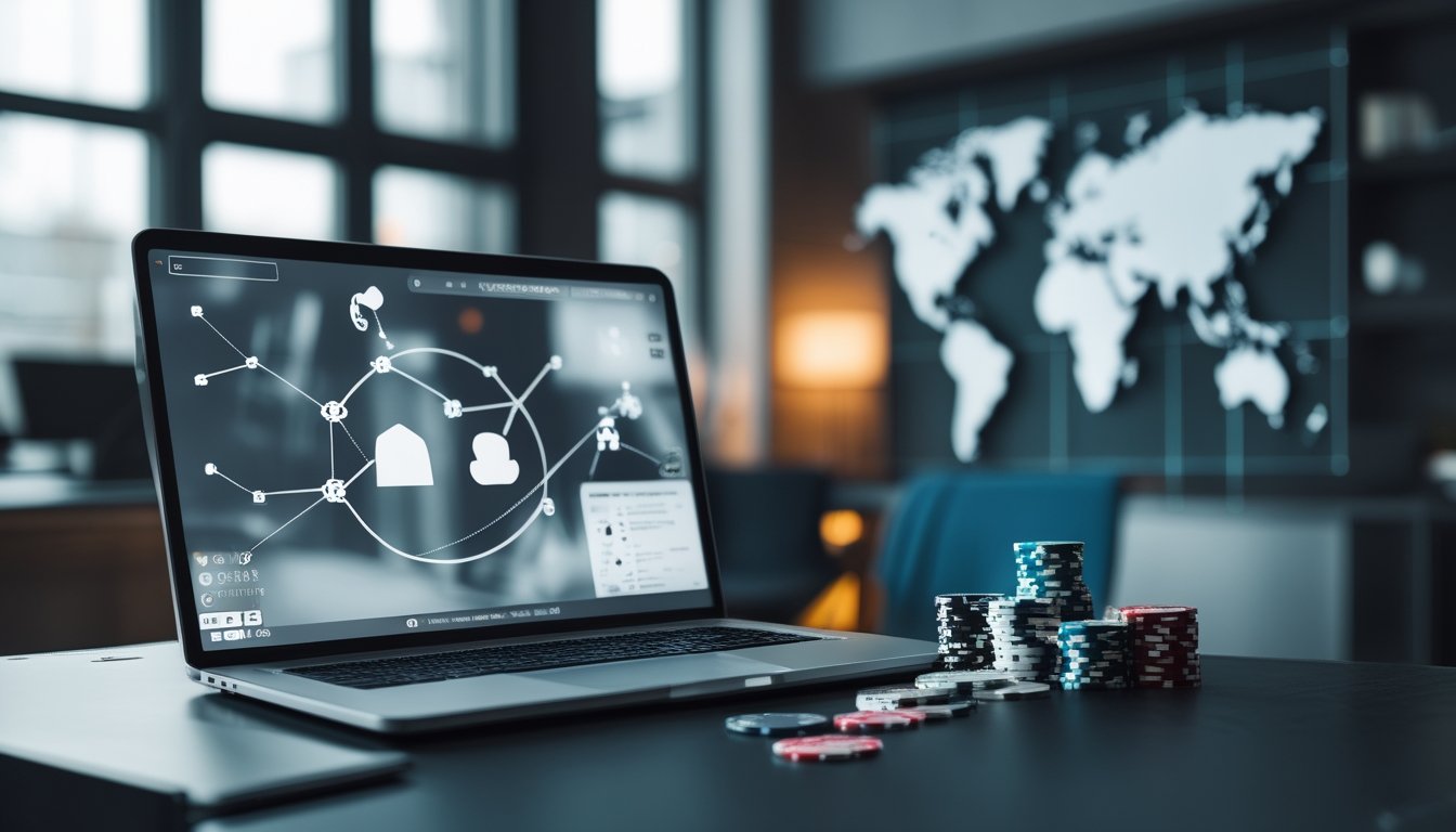 Laptop dengan antarmuka poker abstrak, kartu dan keping poker, serta ilustrasi jaringan global di ruang kerja modern.