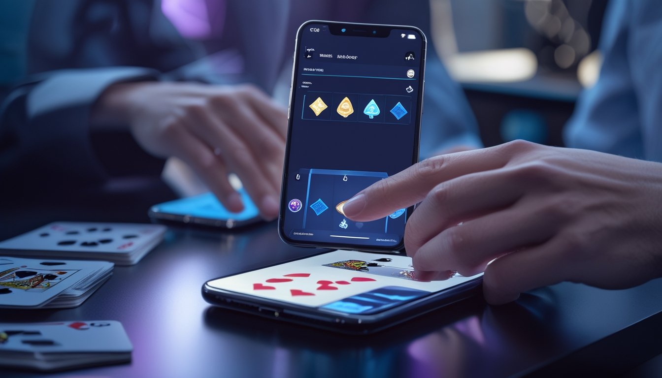 Seseorang menggunakan ponsel untuk memainkan permainan kartu digital di atas meja.