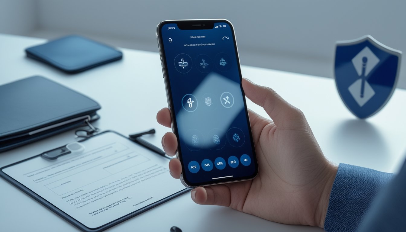 Tangan orang dewasa memeriksa ponsel di samping dokumen hukum dan simbol keamanan digital.