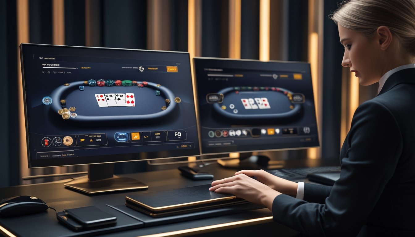 Layar komputer dan ponsel menampilkan meja poker digital dengan dealer langsung, kartu, dan keping poker.