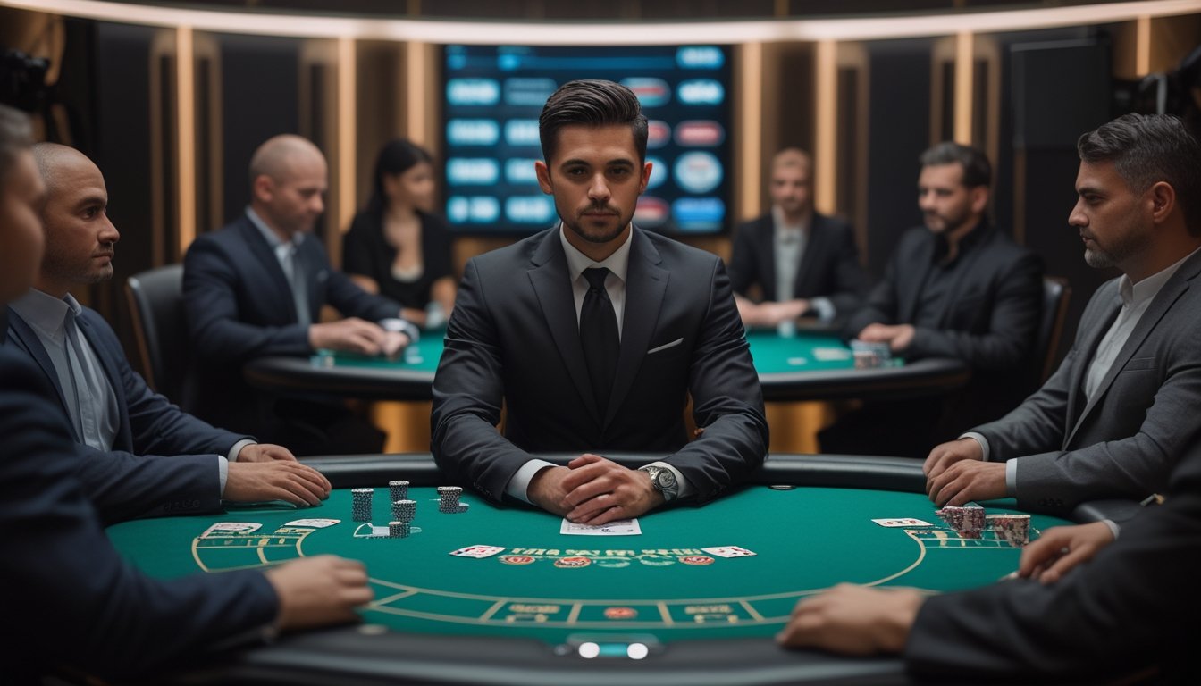 Dealer dewasa memandu permainan poker di meja kasino dengan kartu dan keping taruhan.