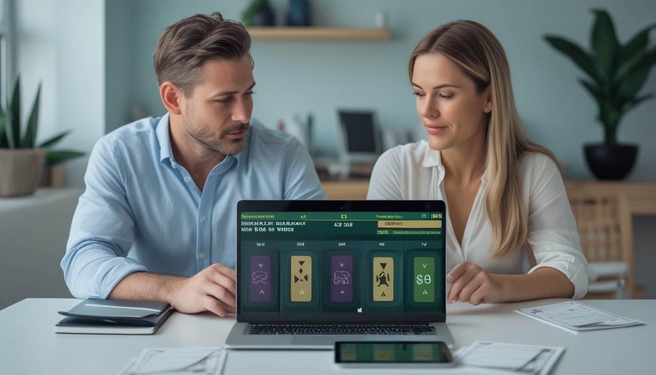 Dua orang dewasa yang berpakaian lengkap meninjau anggaran dan permainan poker daring di meja kerja.