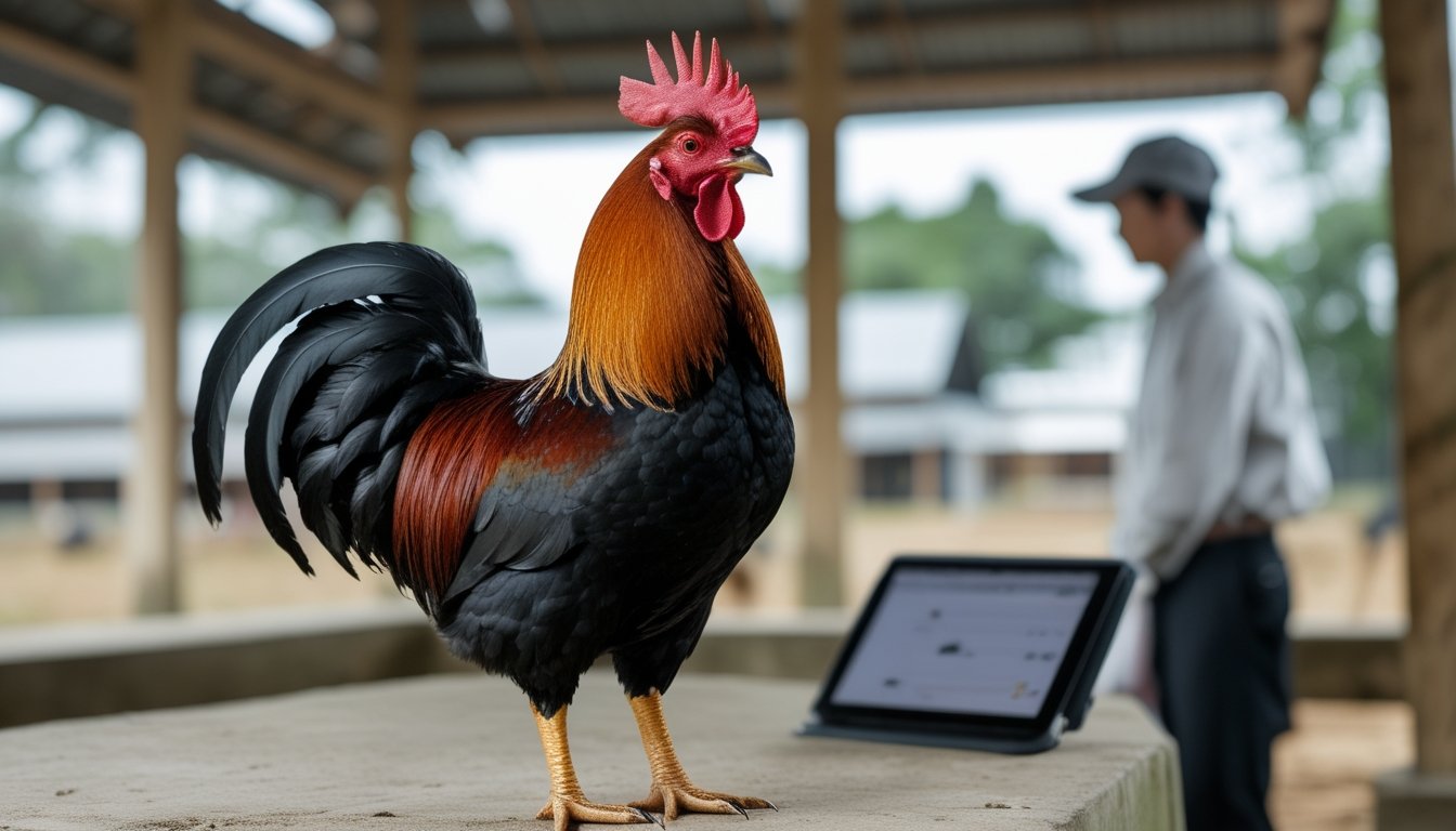 Seekor ayam jago sehat berdiri di halaman peternakan yang bersih dengan seseorang mengamatinya.