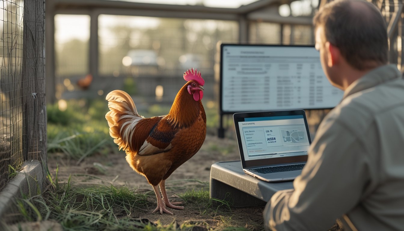 Seekor ayam jago sehat diamati oleh seseorang di kandang bersih dengan perangkat digital di dekatnya.