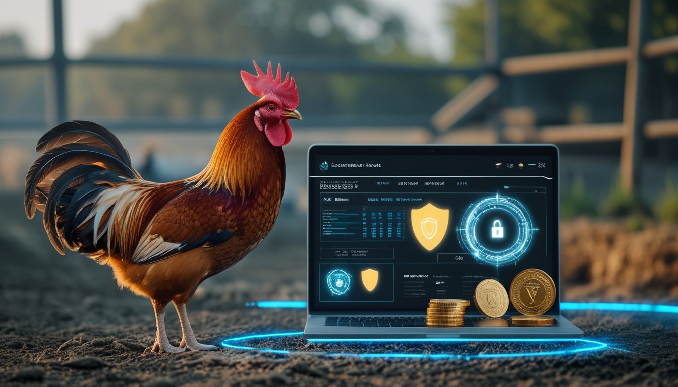 Ayam jantan sehat berdiri di area peternakan dengan laptop dan ponsel yang menampilkan simbol keamanan digital.