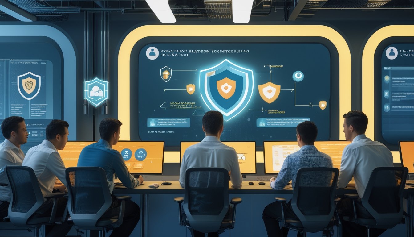 Tim analis keamanan meninjau perlindungan platform digital di ruang kerja modern.