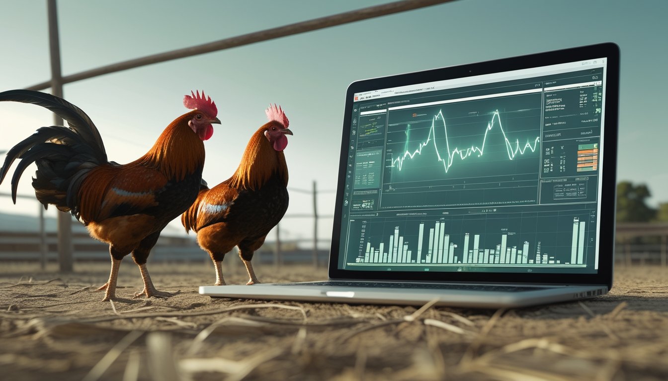 Dua ayam jantan berdiri di arena yang aman, sementara laptop menampilkan grafik statistik abstrak.