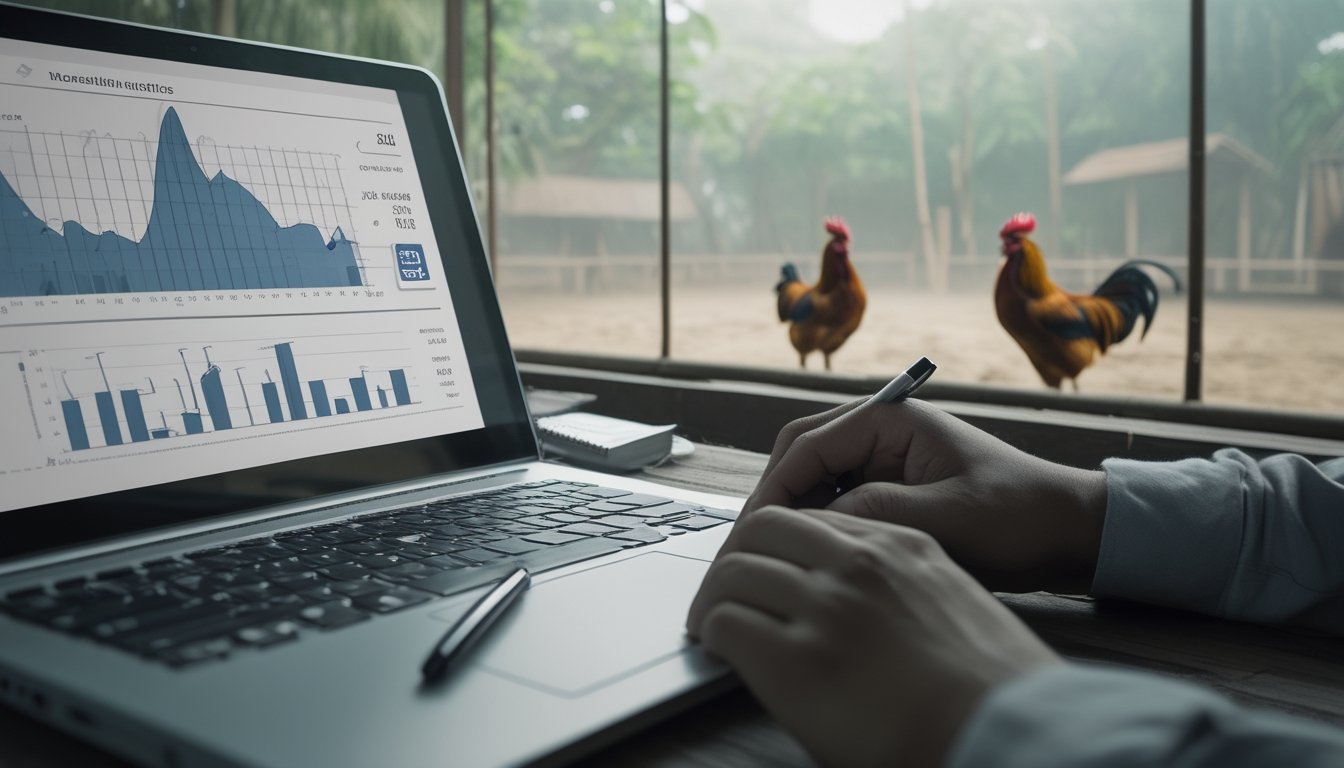 Analis memeriksa grafik statistik abstrak di laptop dengan latar arena pedesaan dan dua ayam jantan yang dipisahkan dengan aman.