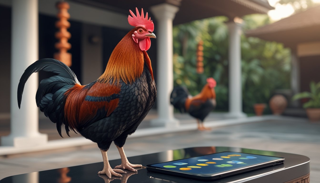 Seekor ayam jantan berdiri di halaman tropis dengan perangkat tablet di atas meja.