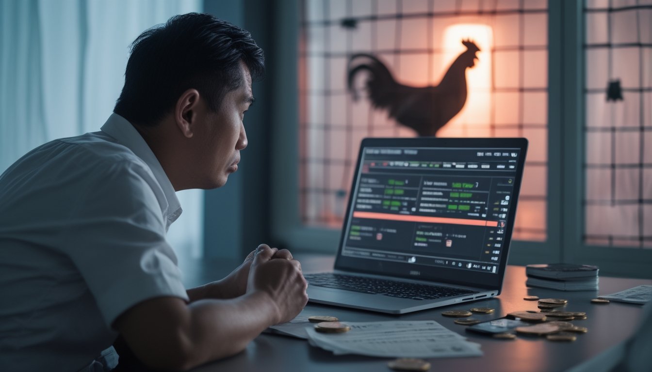 Seorang pria tampak cemas melihat laptop di meja dengan simbol risiko perjudian online dan siluet ayam dalam kandang.