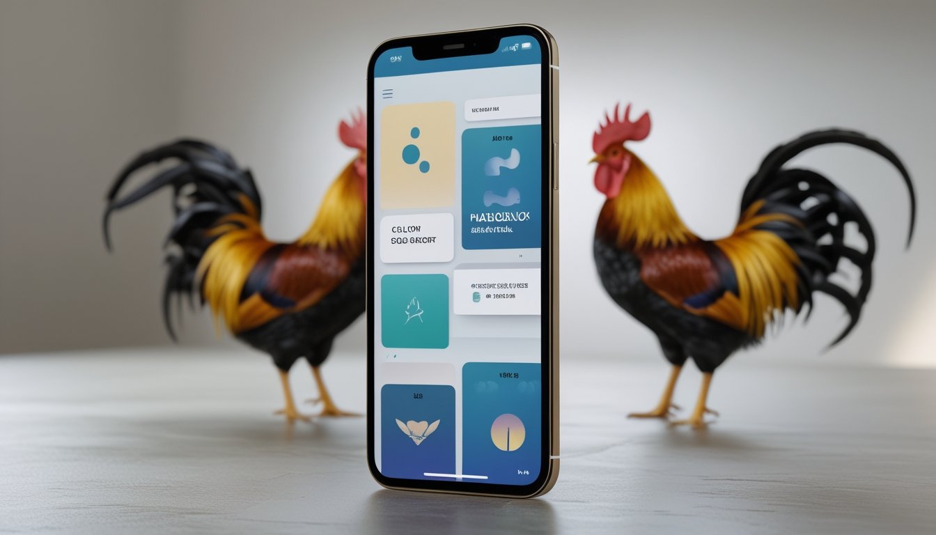 Ponsel pintar menampilkan antarmuka aplikasi bertema ayam jago di dekat dua ayam jago yang berdiri tenang di arena terbuka.
